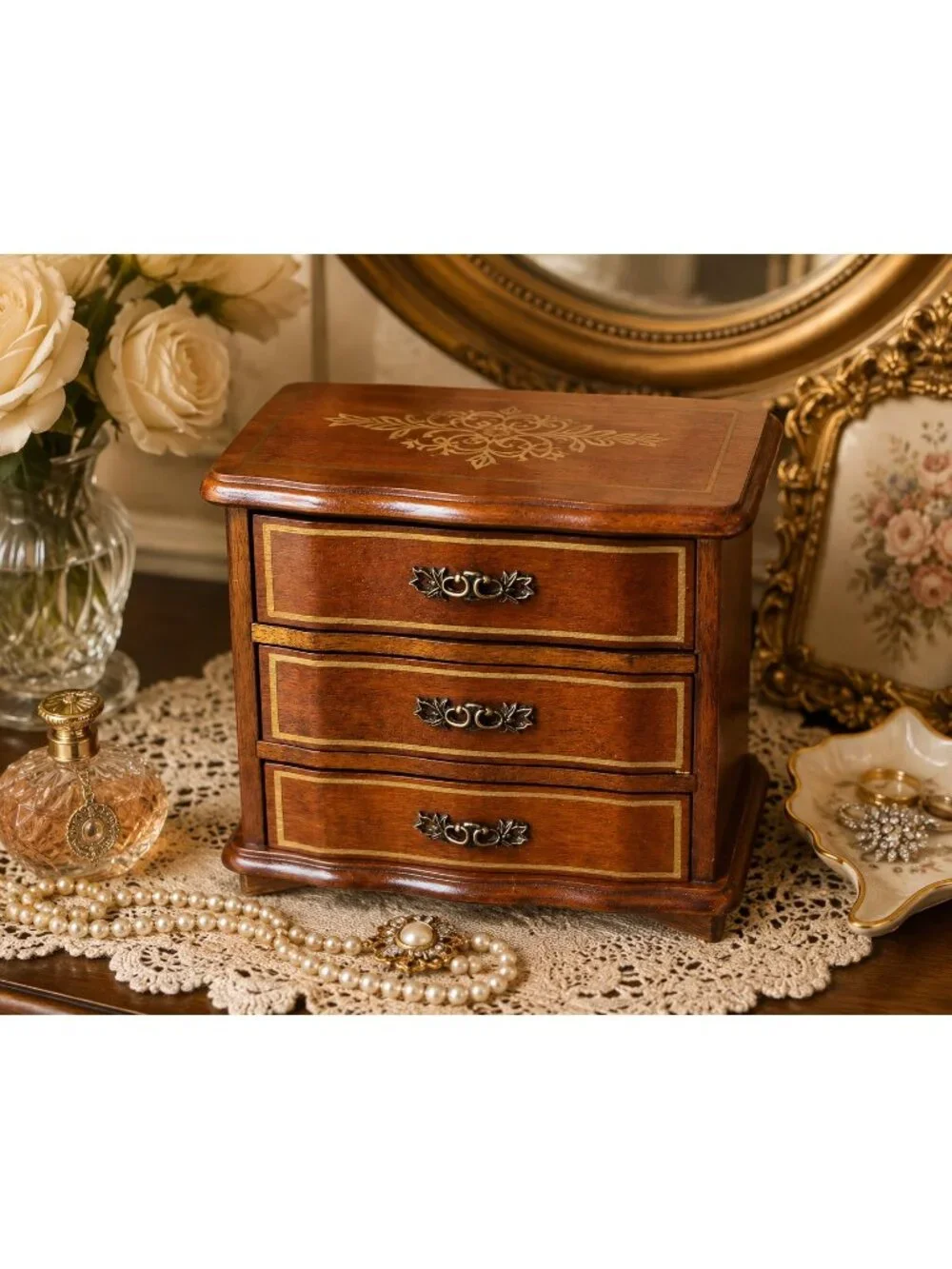 Vintage French Provincial Wood Musical Jewelry Chest Wood 3 Drawer Keepsake Box